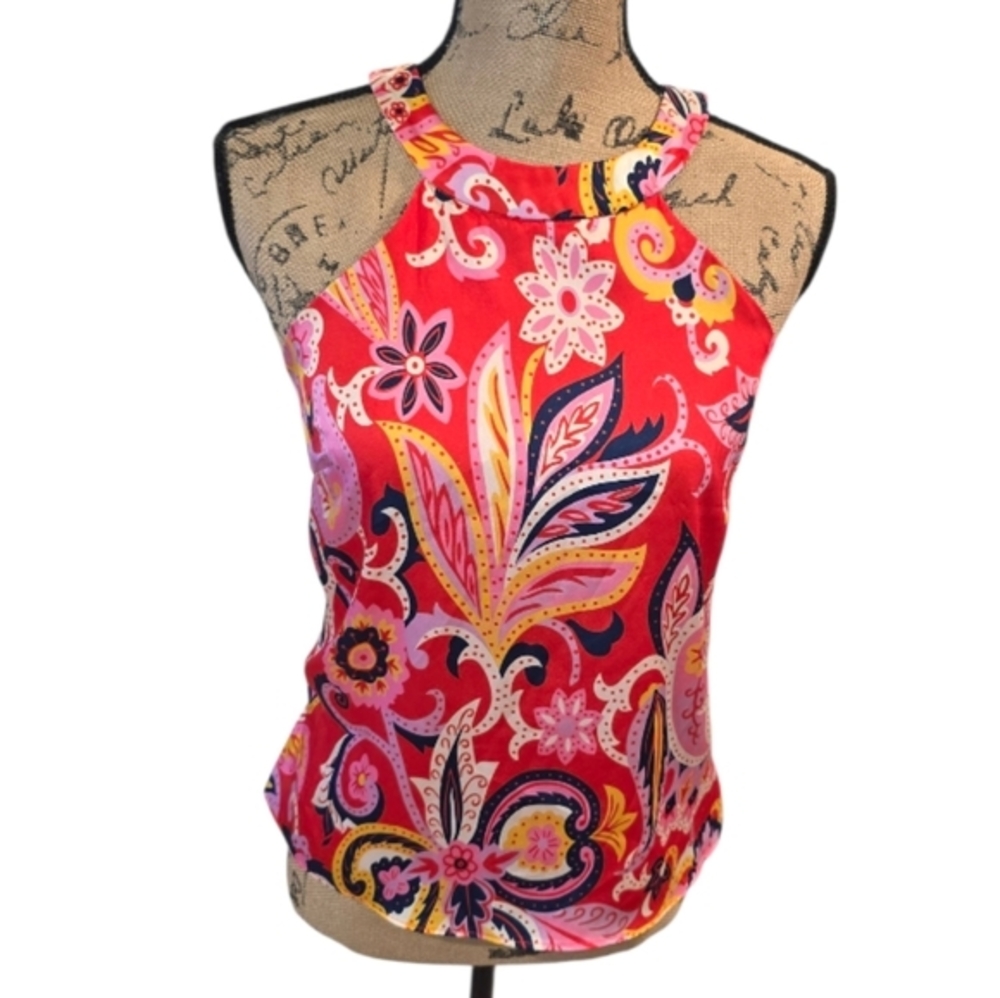 Julie Brown Makayla Red Floral Paisley Sleeveless Halter Top Blouse Party Casual